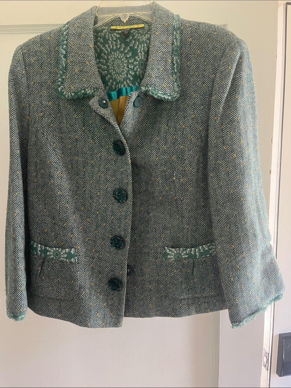 Ashley By 26 International Teal and Cream Patterned Blazer Jacket